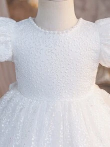 Glamorique Kids 优雅全印花蕾丝花瓣袖腰部褶皱薄纱裙公主裙，适合女婴、生日派对、花童 - 白色 - 查看 5