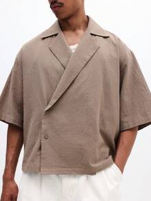 SUMWON Men's Beige Wrap Over Short Sleeve Shirt With Lapel Collar And Button Detail For Casual Summer Spring Wear - Khaki - View 4