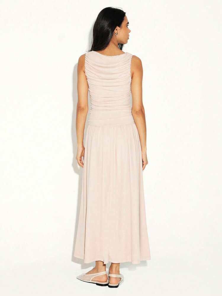 KSTM Sleeveless Ruched Bodice Maxi Dress With Flowing A-Line Skirt For Summer Wedding Guest Occasions