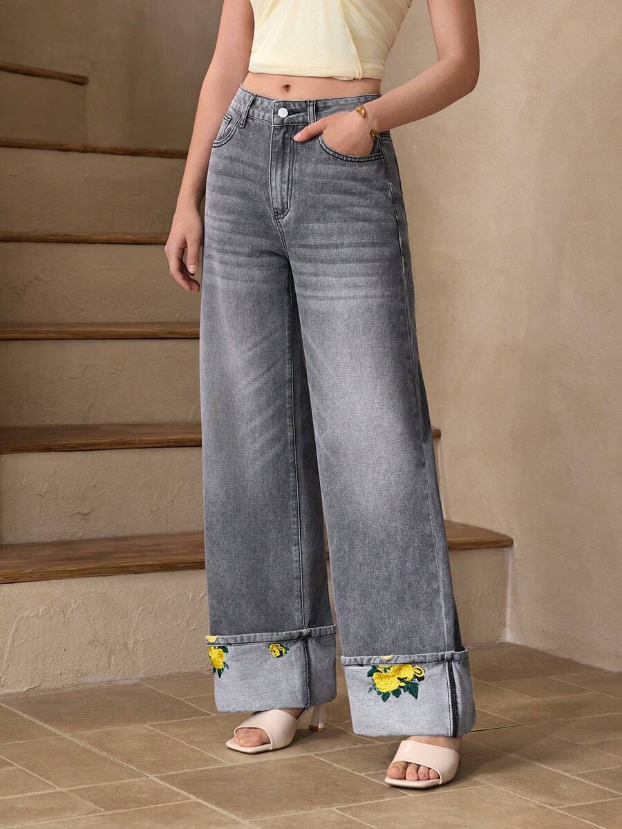 Selenza 女士带口袋阔腿宽松休闲百搭牛仔裤 - 灰色 - 查看 1