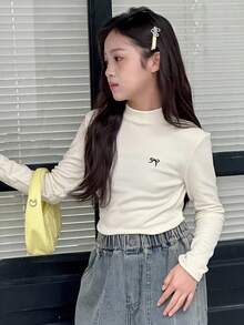 DAZY Tween Girls Crew Neck Knit Thermal Lined Bow Print T-Shirt, Autumn Long Sleeve Tops Women - Beige - View 8