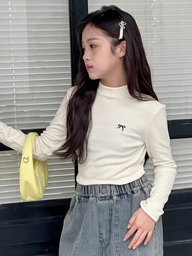 Tween Girls Crew Neck Knit Thermal Lined Bow Print T-Shirt, Autumn Long Sleeve Tops Women