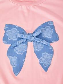 2pcs/Set Tween Girls Pink Summer Cute School Casual Short Sleeve T-Shirt And Sports Pants Set,Patchwork Jacquard Fabric With Laser Heat Transfer Bow - Pink - View 6