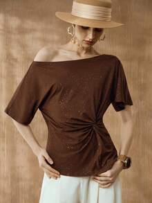 Revavyn 女士短袖T恤，采用闪亮金色针织面料，收腰设计，饰有褶裥细节，是夏季日常穿着的理想之选。 - 棕色 - 查看 5