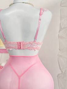 PetitDoll 三件套：蕾丝短袖上衣、性感侧开衩半裙、女士内衣套装 - 粉色 - 查看 5