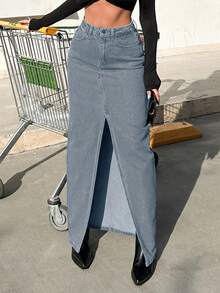 RueChic Women's Simple Daily Split Denim Skirt - Light Wash - View 3