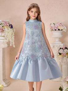 SHEIN 少女纯色立领蝴蝶结网纱亮片刺绣无袖连衣裙 - 白色 - 查看 6