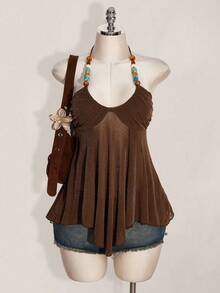 SHEIN ICON Áo nghỉ mát gợi cảm hở lưng cổ yếm lấp lánh dành cho nữ - màu nâu - Xem 5