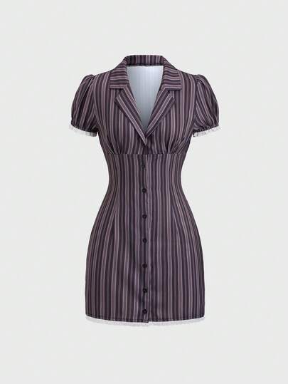 Sweetra Women's Elegant Commuter Lace Patchwork Striped Lapel Short Dress