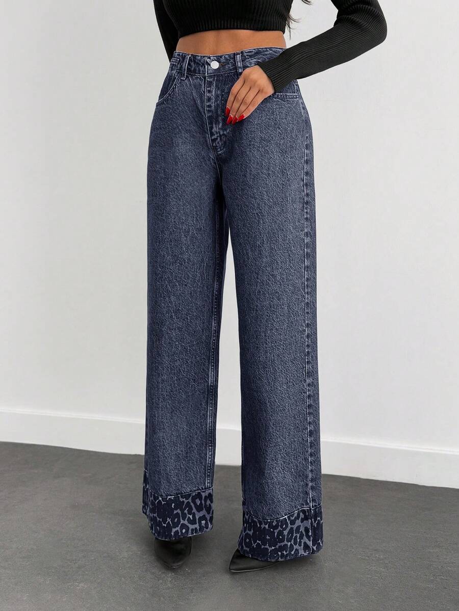 EURMUSE HIGH RISE SLANT POCKET WIDELEG JEAN WITH LEOPARD - Light Grey - View 1