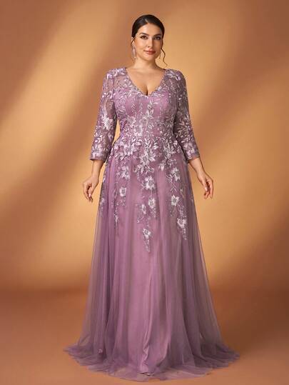 Serin 大码优雅奢华串珠刺绣V领七分袖贴花网纱下摆连衣裙，适合晚宴、盛会、婚礼、音乐节、新娘母亲礼服等场合。