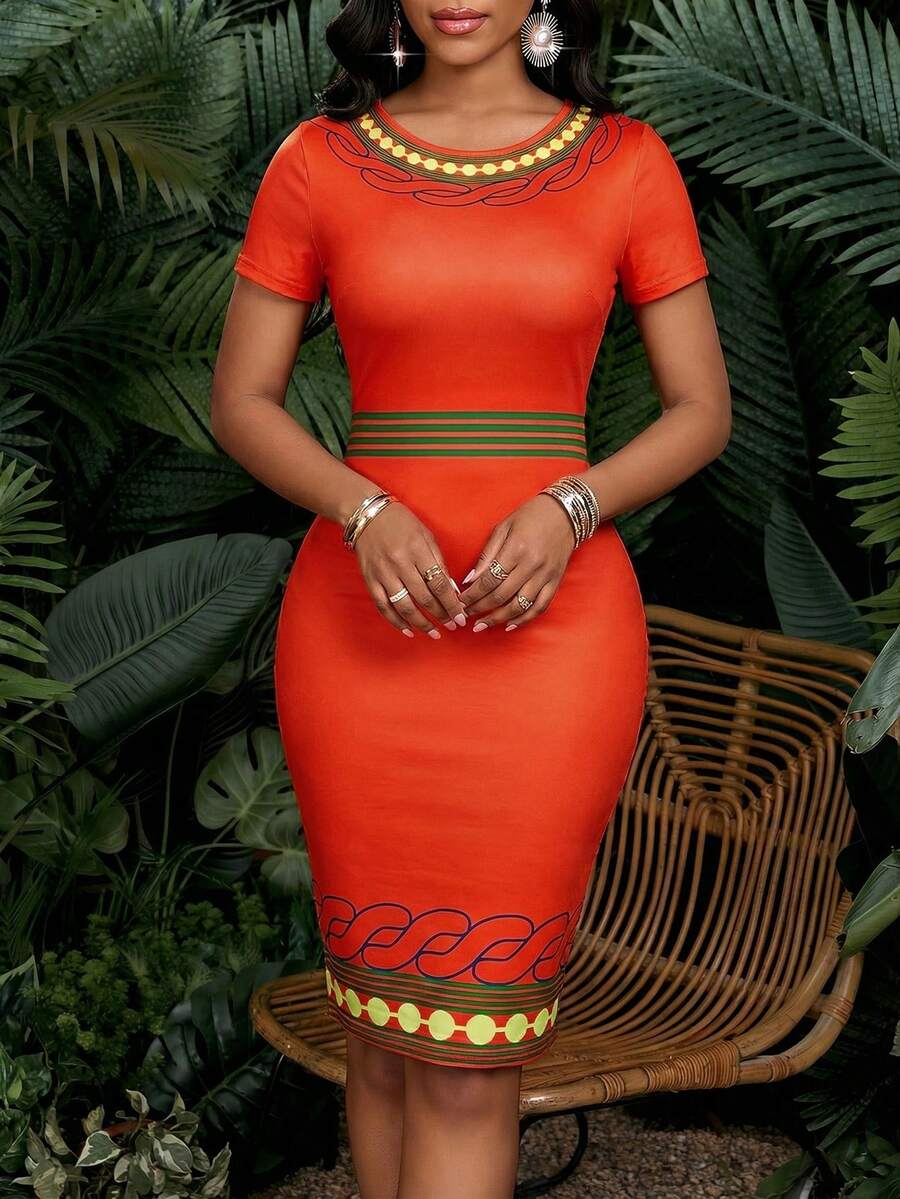 SHEIN Lady Women's Color Block Round Neck Waist Cinched Midi Dress, Elegant For Dates And Parties Summer Dresses For Women Vacation Work Outfits For Women Beach Vacation Outfits For Women Spring Summer Clothes Elegant Dresses For Women Beach Dresses For Women Summer Outfit For Women Women's Cruise Outfit Women's Dresses Women's Beachwear Women's Clothing Dresses For Holiday Women's Clothes Teacher Outfits For Women Office Wear For Women Floral Dress For Women - Orange - View 1