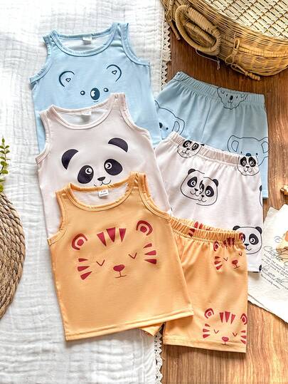 SHEIN Vintaside Kids 6件套男婴夏季套装，包含黑色、白色和条纹三种颜色：背心和短裤，舒适休闲，适合日常穿着。