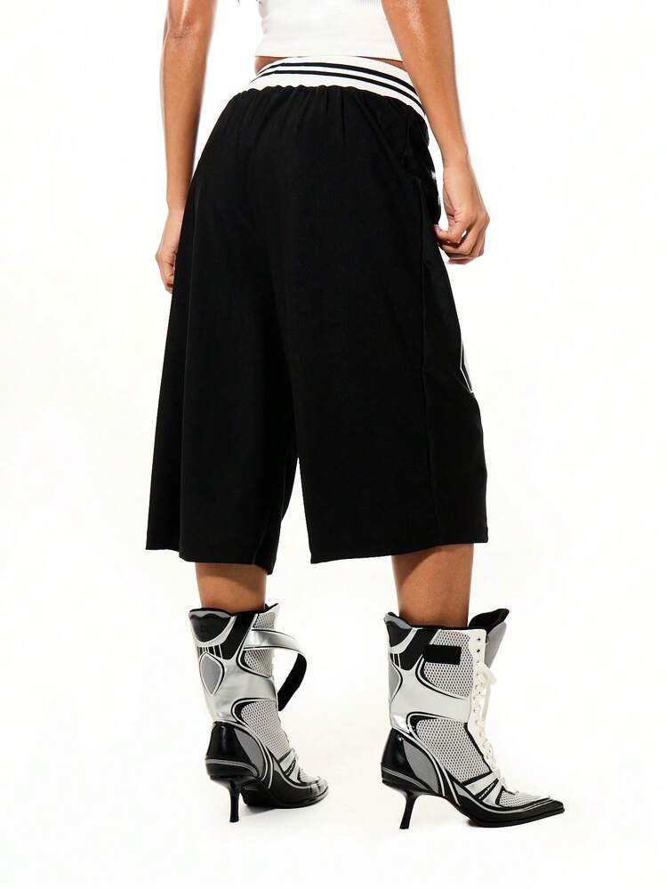 SUMWON WOMEN Black Graphic Wide Leg Jorts With Striped Waistband