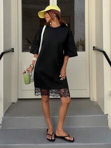 Vestido mini casual de verano para mujer con estampado de lunares y encaje de contraste - Negro - Ver 5