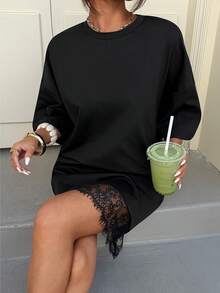 Vestido mini casual de verano para mujer con estampado de lunares y encaje de contraste - Negro - Ver 6