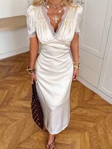 SHEIN EZwear Elegant Commuter Satin Lace Trim Dress - Apricot - View 4