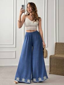 EURMUSE Women, Spring, Summer, Pant, Embroidery, Navy, Linen Look, Loose Fit, - Navy Blue - View 1