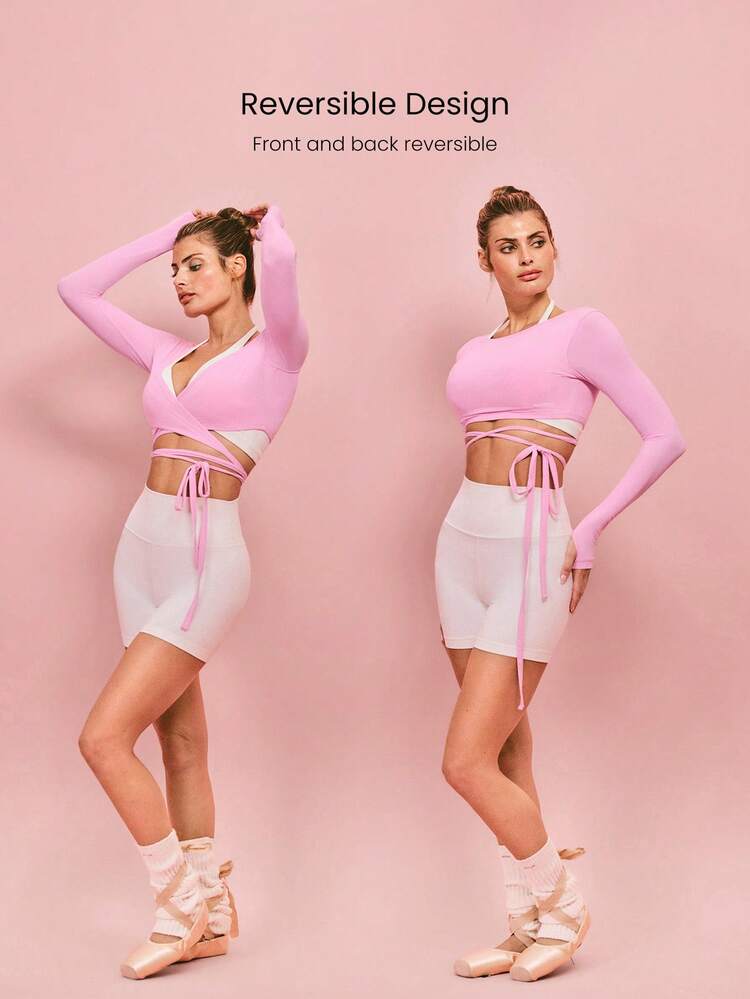 360 High-Stretch Soft Fabric V-Day Vibes Lightweight Wrinkle-Resistant Strappy Tie Design Cropped Long-Sleeve Top Daily Casual Wear