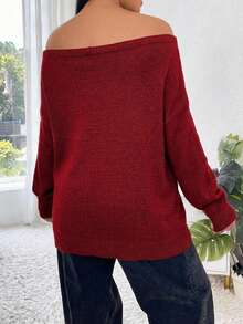 EURMUSE Plus Solid Off Shoulder Sweater Off Shoulder Sweateroff The Shoulder Sweateroff Shoulder Jumperoff The Shoulder Jumper - Red - View 2