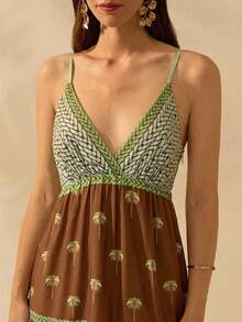 CAJUNI Women's Boho Tropical Coconut Tree Print V-Neck Spaghetti Strap Dress, Casual Holiday Beach Dress For Summer - Brown - View 6