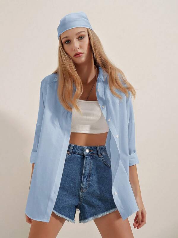 SHEIN Plus Size Cotton Solid Button Through Shirt Baby Blue Tops Light Blue Tops