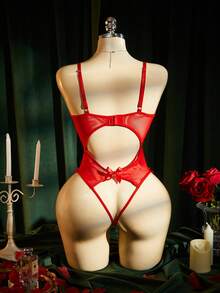 SpicyHot 浪漫蕾丝网眼拼接女士超性感镂空连体内衣 - 紅色 - 查看 2