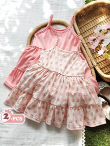 SHEIN Vintaside Kids 2件套女婴荷叶边下摆可爱吊带连衣裙套装 - 彩色 - 查看 3