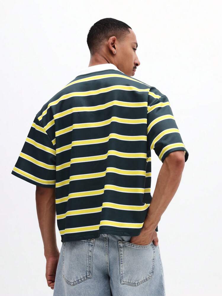 Męska koszulka polo w paski poziome, dekolt w serek, krótki rękaw, swobodny letni top z logo