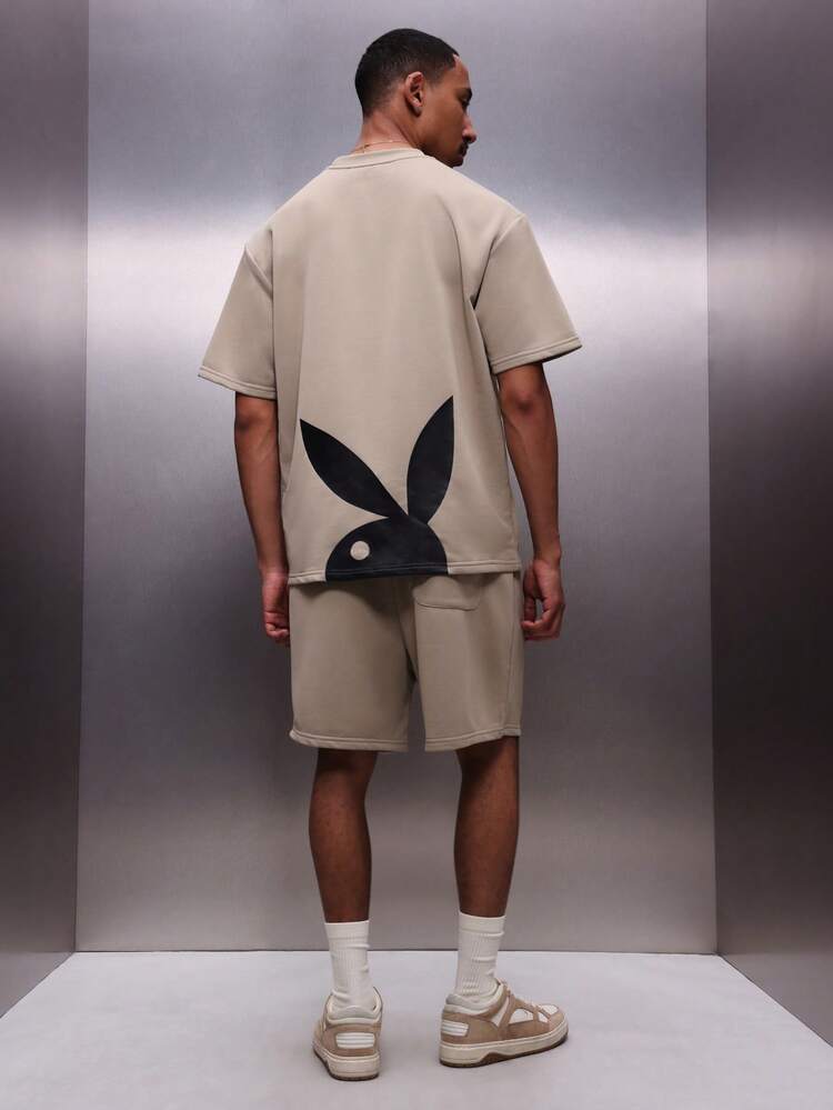 PLAYBOY X SUMWON Beige Jersey T-Shirt And Shorts Co-Ord Set With Crew Neckline Oversized Fit Bunny Graphic Design Regular Length Summer Casual Wear