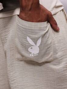 PLAYBOY X SUMWON Relaxed Fit Linen Feel Shorts With Drawstring Waist And Side Pockets Lightweight Breathable Comfortable Mid Thigh Length Beige Natural Texture Beach - Khaki - View 6