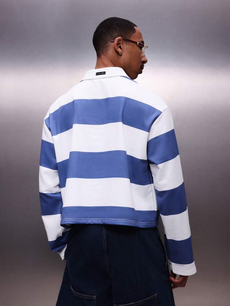 PLAYBOY X SUMWON Men's Long Sleeve Horizontal Striped Rugby Polo Shirt With Bunny Logo Regular Fit Collared Top Casual Wear