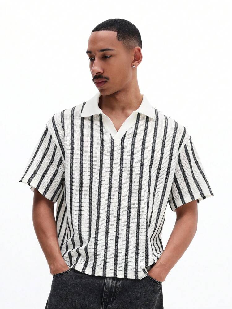 SUMWON Men V Neck Short Sleeve Striped Knit Polo Shirt Regular Fit Casual Summer Top