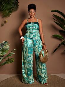 Maweii Set de 2 piese casual pentru femei, mărime plus, cu imprimeu floral, top camisol și pantaloni largi - Multicolor - Vizualizare 4