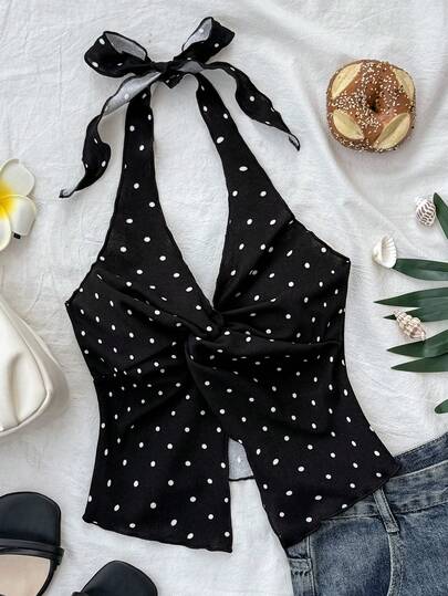 SHEIN 少女吊带背心和休闲度假针织波点蝴蝶结装饰吊带衫，黑白系带吊带衫，黑白夏季上衣，系带吊带衫，黑白吊带衫，扭结露脐上衣