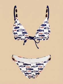 Travachic Bộ bikini gồm áo khoác ngoài và váy in hình cá, họa tiết cá, đính cườm nhiều màu ngẫu nhiên, thích hợp cho kỳ nghỉ biển. - Màu xanh lam - Xem 3