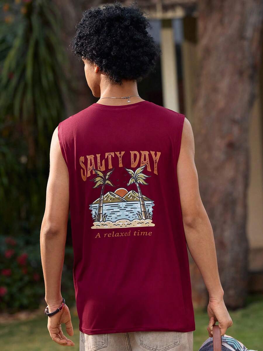 Open Phase Coastal | 男士轻薄夏季度假棕榈树字母印花圆领休闲背心 - 酒紅色 - 查看 1