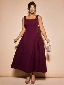 Cravure Plus Size Women's Solid Color Flared Square Neck Sleeveless Elegant Dress - Burgundy - View 7