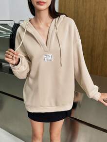 INAWLY Sudadera con capucha de ajuste holgado con cordón y gráfico de letras para mujer - Caqui - Ver 6