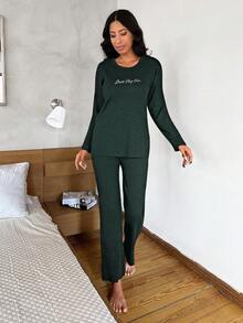 EURMUSE Slogan Ribbed Knit Lounge Set - Dark Green - View 5