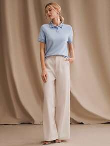 Anewsta 春夏新款休闲假日针织短袖镶钻 Polo 衫，百搭显瘦优雅女式衬衫 - 藍色 - 查看 6