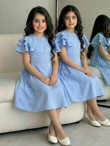 SHEIN 少女三层荷叶边侧边抽绳腰身A字短袖连衣裙 - 藍色 - 查看 6