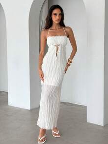 Aloruh 女士优雅系带露背雪纺纹理纯色沙滩长裙 - 杏色 - 查看 3