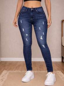 Jeans skinny tiro alto mezclilla stretch rasgado ajustado casual urbano mujer - Azul - Ver 2