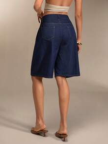 EURMUSE 低腰原色水洗牛仔短裤，休闲风格，深蓝色牛仔布，纽扣拉链闭合 - 深色水洗藍 - 查看 2