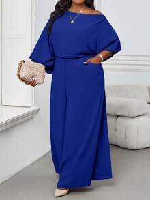 SHEIN Lady 秋冬季优雅复古工作休闲香槟色编织露肩舞会礼服主教袖露背新款大码连体裤 - 寶藍色 - 查看 3