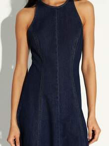 KSTM Women Halter Sleeveless Denim Midi Dress With A Line Flare Fit And Racerback Design For Casual Spring Summer Occasions - Blue - View 6