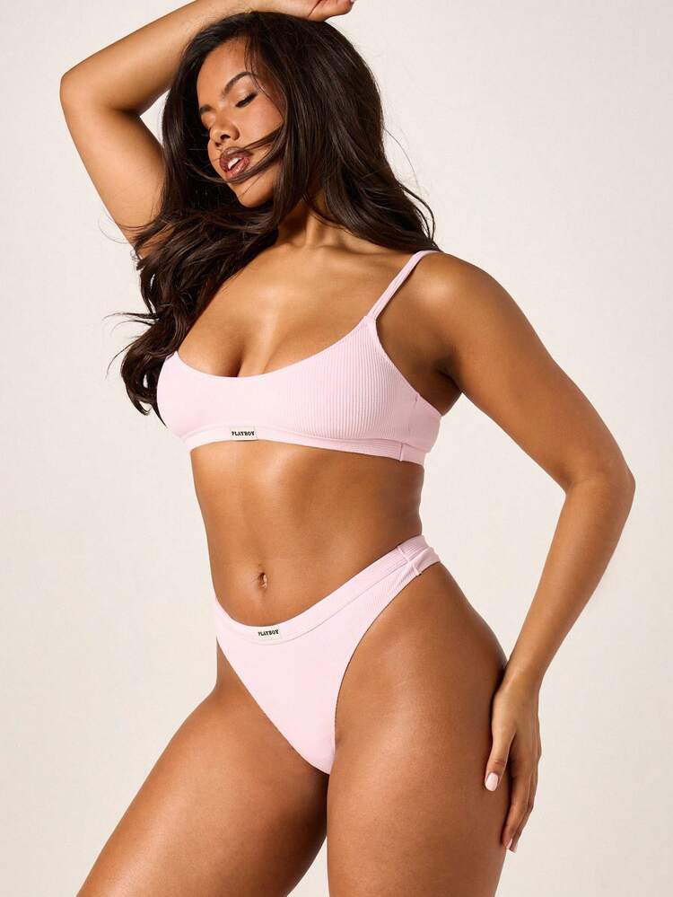 Missguided x Playboy Ribbed Scoop Bralette Thong Panty Set Light Pink Intimates Lingerie