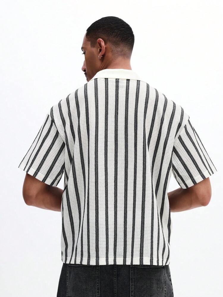 SUMWON Men V Neck Short Sleeve Striped Knit Polo Shirt Regular Fit Casual Summer Top