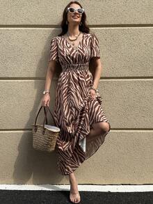 Solivie 女士斑马纹褶皱花瓣袖腰带中长连衣裙 - 棕色 - 查看 3